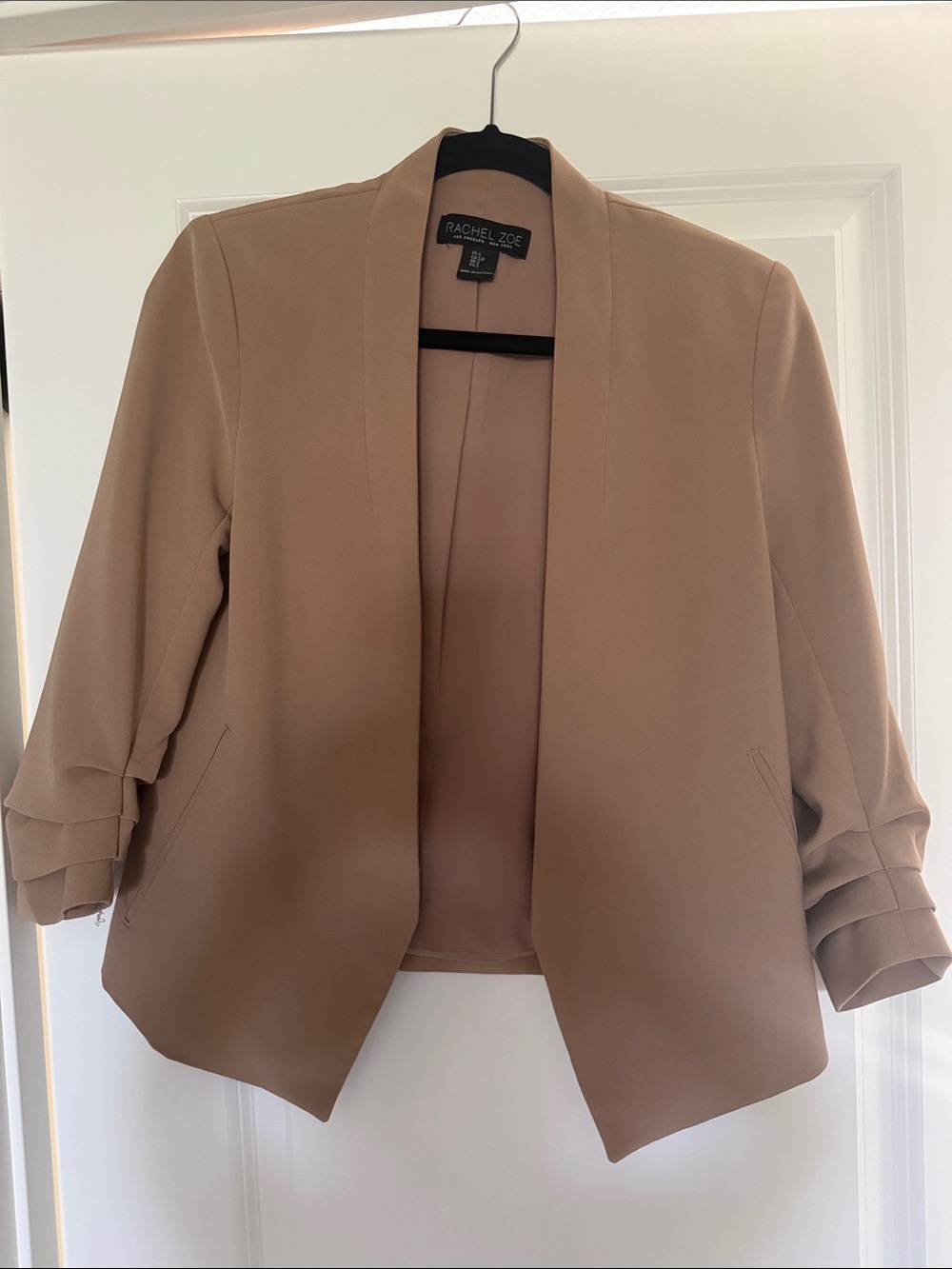 Rachel Zoe Taupe Open-Front Blazer Jacket Size Small 3/4 rouched sleeve